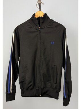 Fred Perry Sportswear Mens Size S Black Track Jacket With Blue & White Stripes